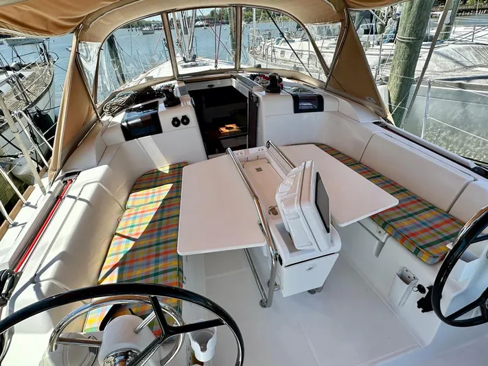 Celtic Rose Yacht Photos Pics 2018 Jeanneau Sun Odyssey 419 cockpit with plaid seating and dual steering wheels.