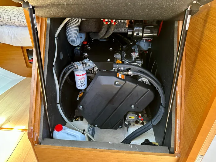 Celtic Rose Yacht Photos Pics Engine compartment of 2018 Jeanneau Sun Odyssey 419 sailboat, featuring Yanmar engine components.