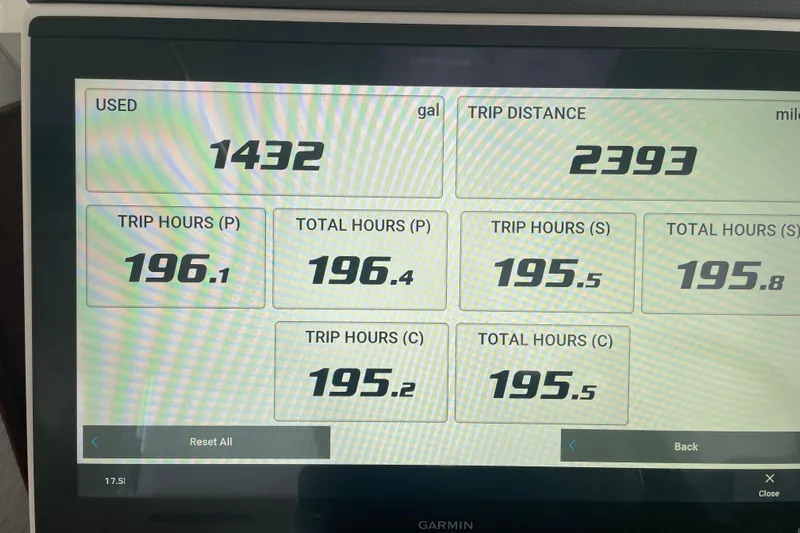  Yacht Photos Pics Display screen showing fuel usage and trip data for 2023 Pursuit OS 445 Offshore.