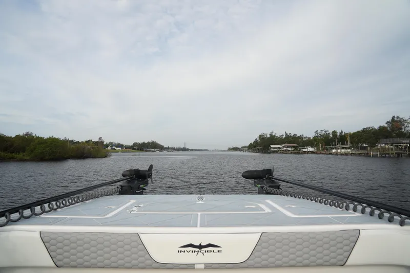Amazing Grace Yacht Photos Pics Invincible 46 Catamaran 2022 on calm water, view from deck, overcast sky.
