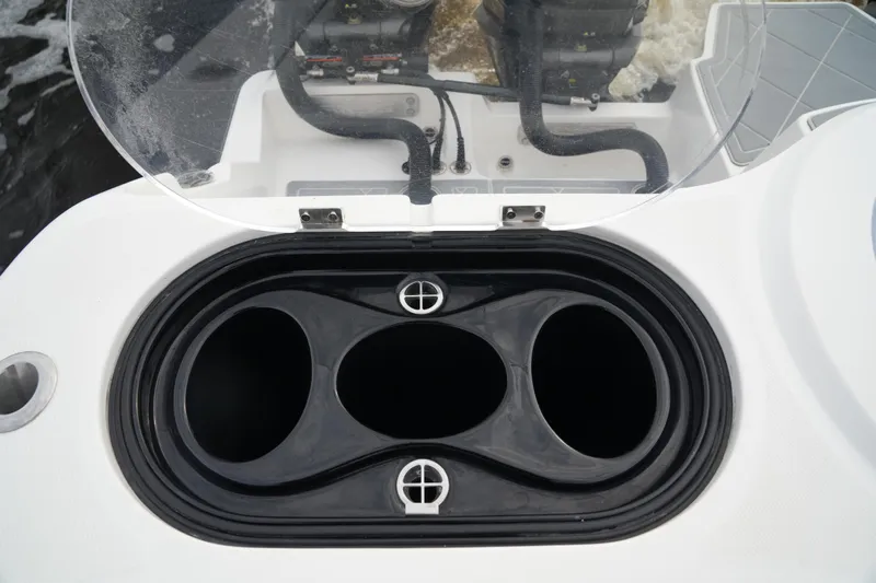 Amazing Grace Yacht Photos Pics Invincible 46 Catamaran 2022, open hatch detail with visible engine components.