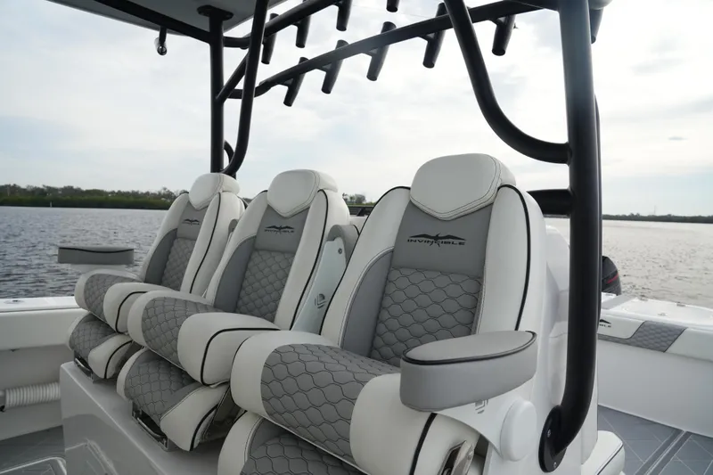Amazing Grace Yacht Photos Pics Luxury seating on 2022 Invincible 46 Catamaran, featuring elegant design and comfort.