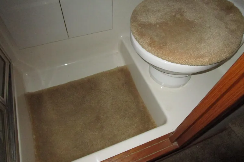 Yeah Yacht Photos Pics Bathroom interior of 1999 Bayliner 4788 Pilot House Motoryacht with carpeted toilet and floor.