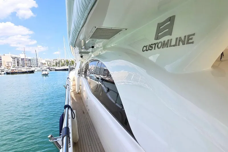 M/y Bleu Blanc Yacht Photos Pics Luxurious 2009 Ferretti Custom Line 97 yacht docked in a sunny marina.