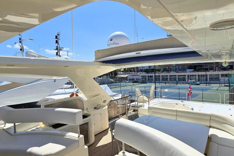 M/y Bleu Blanc Yacht Photos Pics Luxurious 2009 Ferretti Custom Line 97 yacht interior with elegant seating and modern amenities.