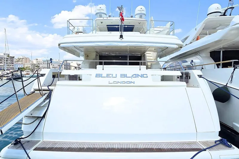M/y Bleu Blanc Yacht Photos Pics Luxury yacht Ferretti Custom Line 97, 2009, docked at marina, rear view.
