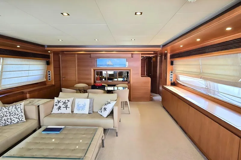 M/y Bleu Blanc Yacht Photos Pics Luxurious interior of 2009 Ferretti Custom Line 97 yacht with elegant furnishings and decor.