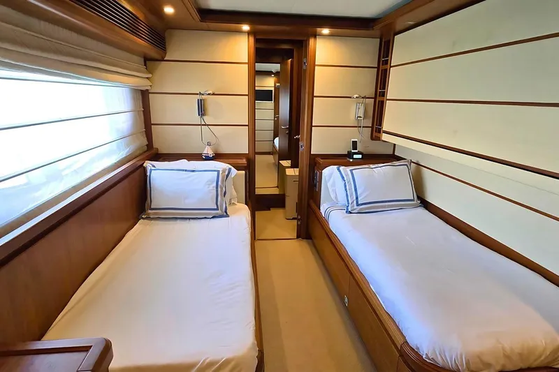 M/y Bleu Blanc Yacht Photos Pics Luxurious twin cabin interior on 2009 Ferretti Custom Line 97 yacht.