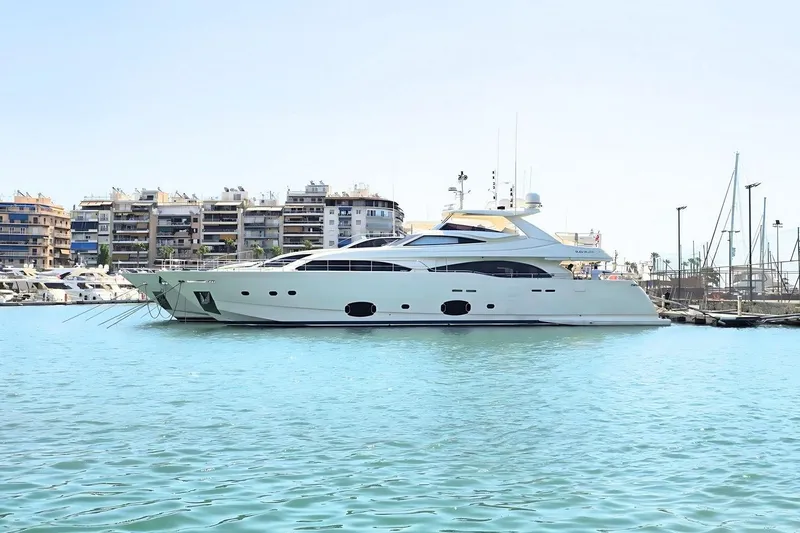 M/y Bleu Blanc Yacht Photos Pics Luxury 2009 Ferretti Yachts Custom Line 97 docked in a marina.