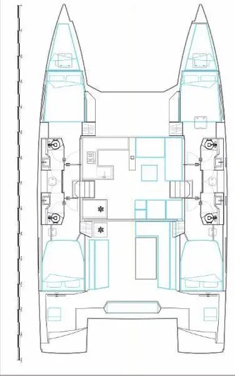 Stefany Yacht Photos Pics Floor plan of a 2019 Nautitech 46 Fly catamaran, featuring cabins and living areas.
