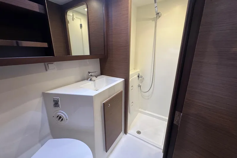 About Time Yacht Photos Pics Modern bathroom in 2021 Lagoon 42 yacht with shower and sink.