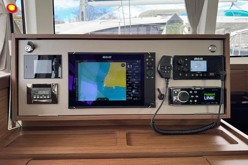 About Time Yacht Photos Pics Navigation panel of a 2021 Lagoon 42 catamaran with advanced B&G systems.