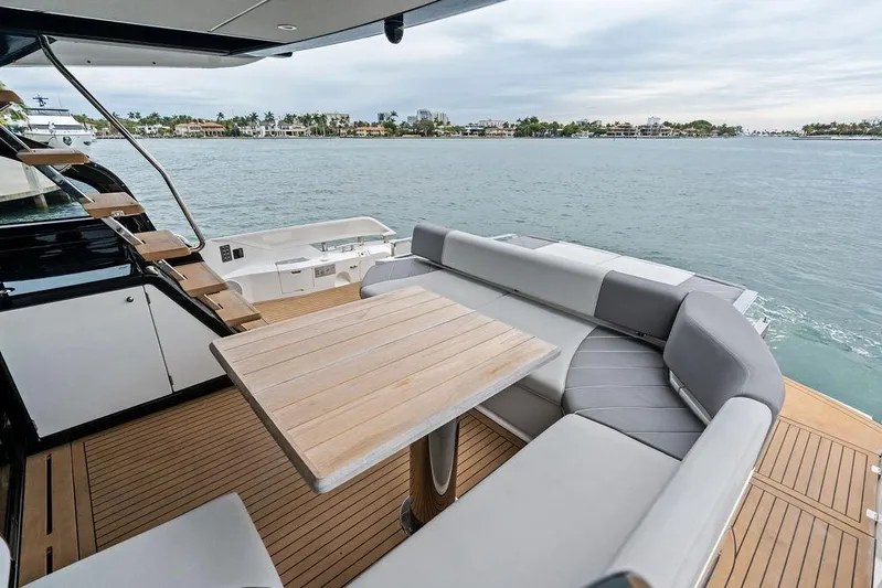  Yacht Photos Pics Luxurious 2022 Sunseeker 65 Sport Yacht deck with elegant seating and scenic water view.