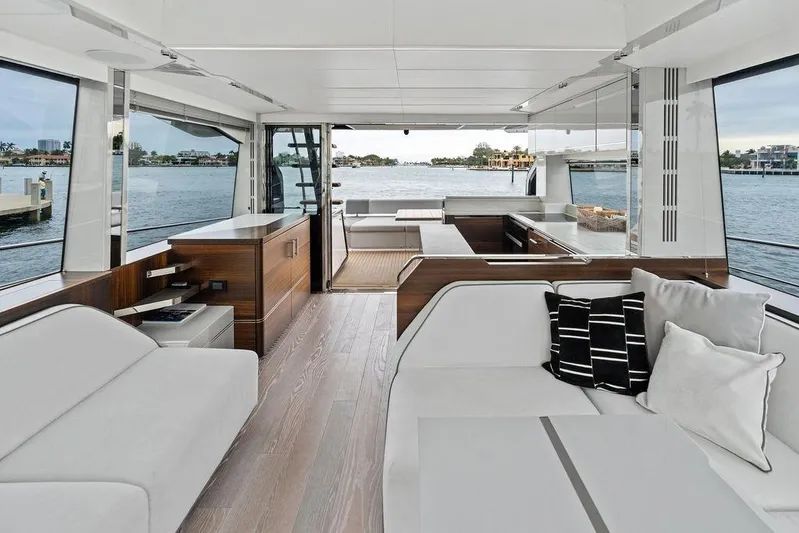  Yacht Photos Pics Luxurious interior of 2022 Sunseeker 65 Sport Yacht with modern furnishings and waterfront view.