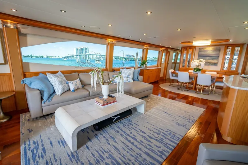 Serenity Yacht Photos Pics Luxurious interior of 2008 Lazzara Motor Yacht with modern decor and ocean view.
