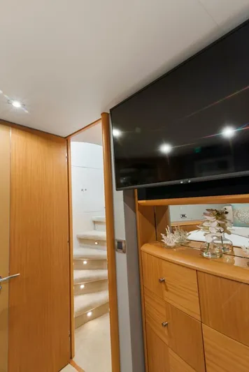 Serenity Yacht Photos Pics Interior of 2008 Lazzara Motor Yacht with TV and wooden cabinetry.