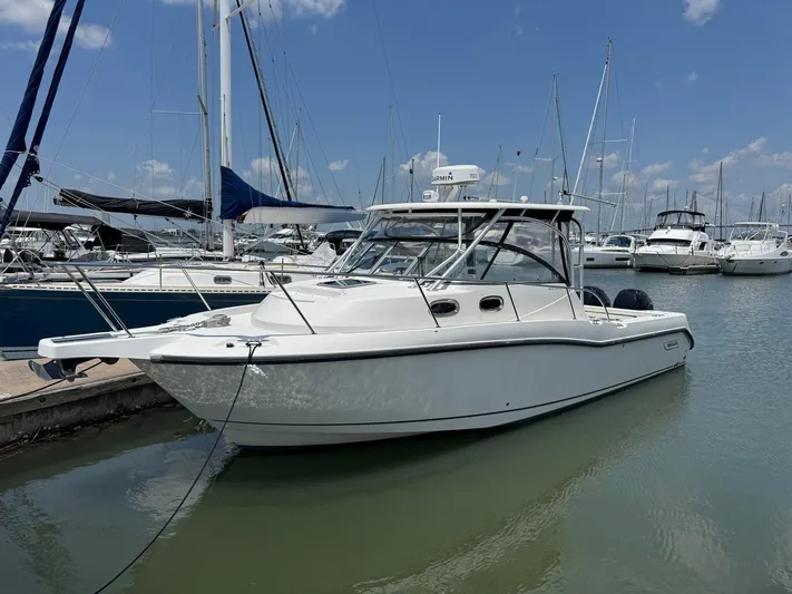 Bilboat Baggins Yacht Photos Pics 2011 Boston Whaler 305 Conquest boat docked in a marina under a clear blue sky.