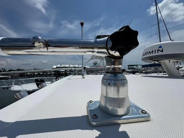 Bilboat Baggins Yacht Photos Pics Close-up of a 2011 Boston Whaler 305 Conquest boat's metal fixture on deck.