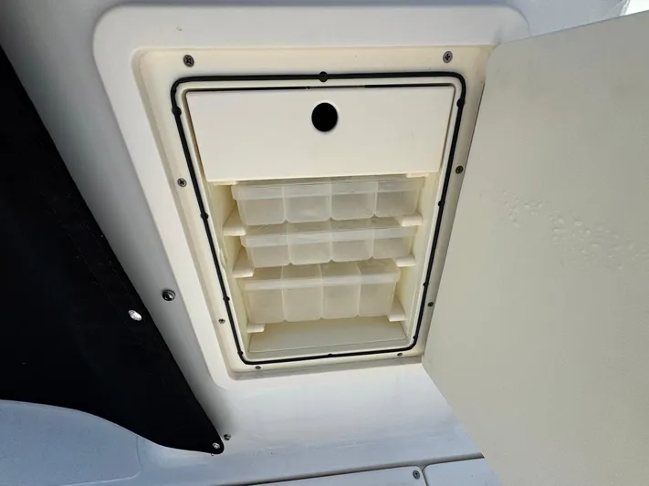 Bilboat Baggins Yacht Photos Pics 2011 Boston Whaler 305 Conquest storage compartment with organized shelves.