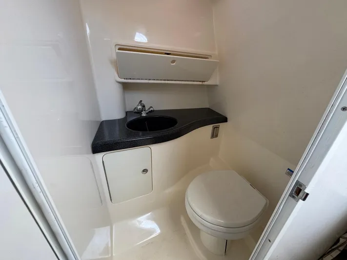 Bilboat Baggins Yacht Photos Pics 2011 Boston Whaler 305 Conquest bathroom with sink and toilet.
