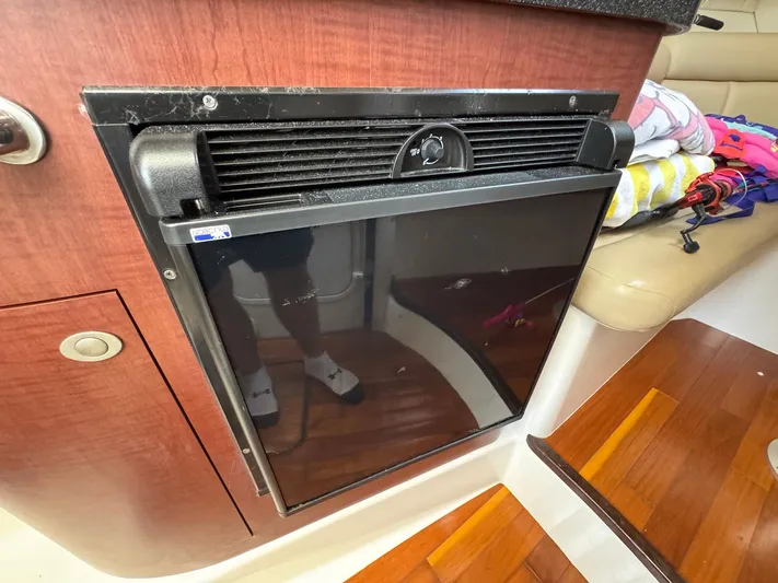 Bilboat Baggins Yacht Photos Pics 2011 Boston Whaler 305 Conquest interior with compact black refrigerator.