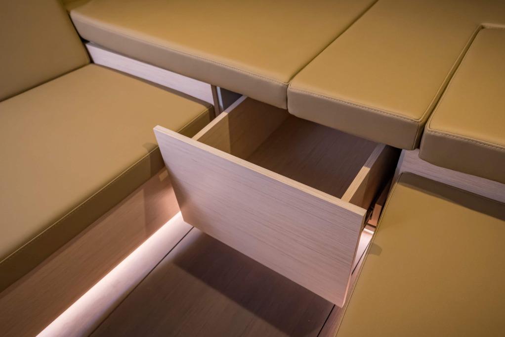 Interior of 2026 Saffier SE 33 Life yacht with open storage drawer.