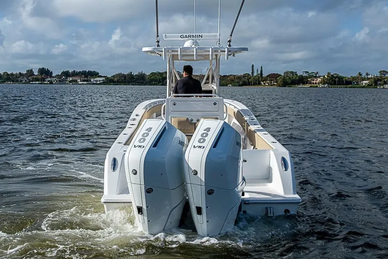 Rippleffect Yacht Photos Pics 2023 Invincible 33 Open Fisherman boat with dual Mercury 400 engines on the water.