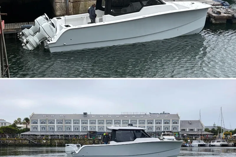 Hammercat 35hh Yacht Photos Pics 2026 Hammer Yachts 35HH boat docked, featuring sleek design and powerful engines.