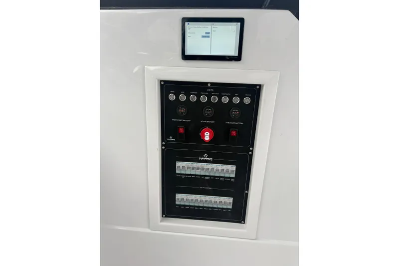 Hammercat 35hh Yacht Photos Pics Control panel of 2026 Hammer Yachts 35HH, featuring digital display and switches.