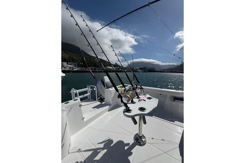 Hammercat 35hh Yacht Photos Pics Fishing setup on 2026 Hammer Yachts 35HH, docked with scenic mountain backdrop.