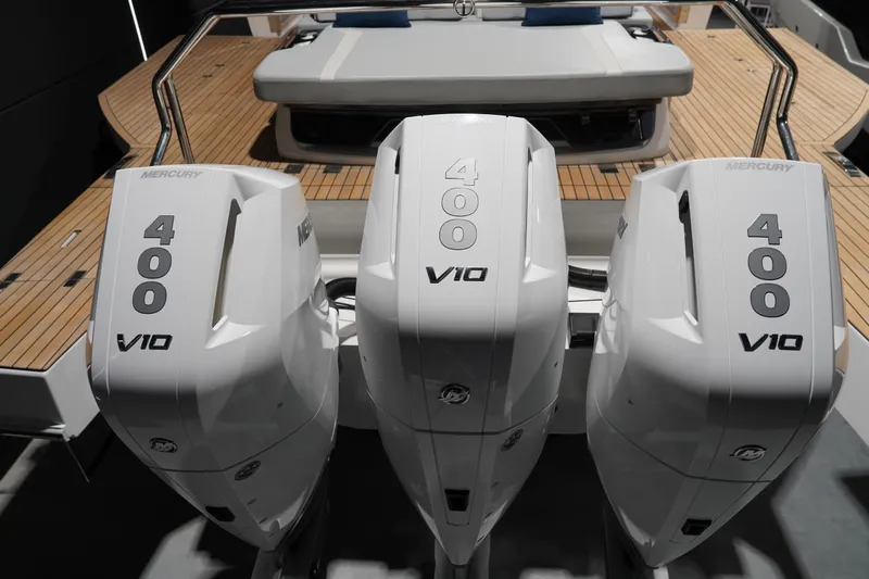  Yacht Photos Pics Triple Mercury 400 V10 engines on 2025 Schaefer V44 yacht's teak deck.
