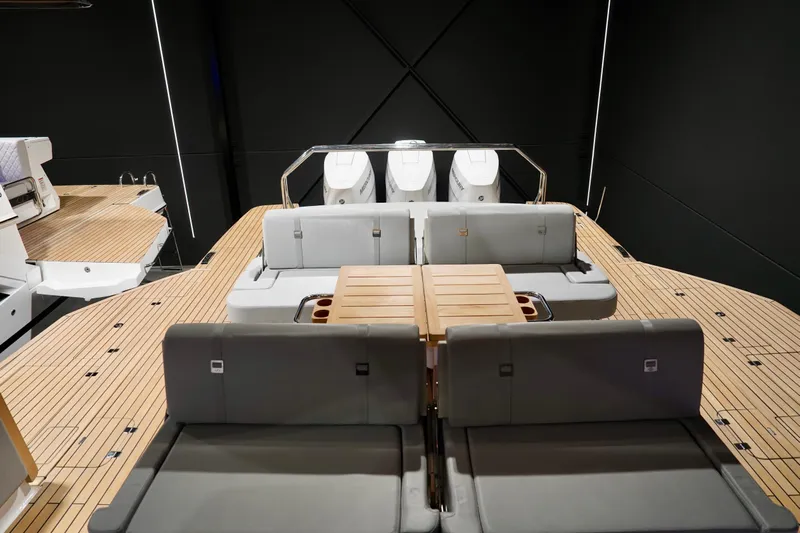  Yacht Photos Pics 2025 Schaefer V44 yacht interior with sleek seating and modern design.