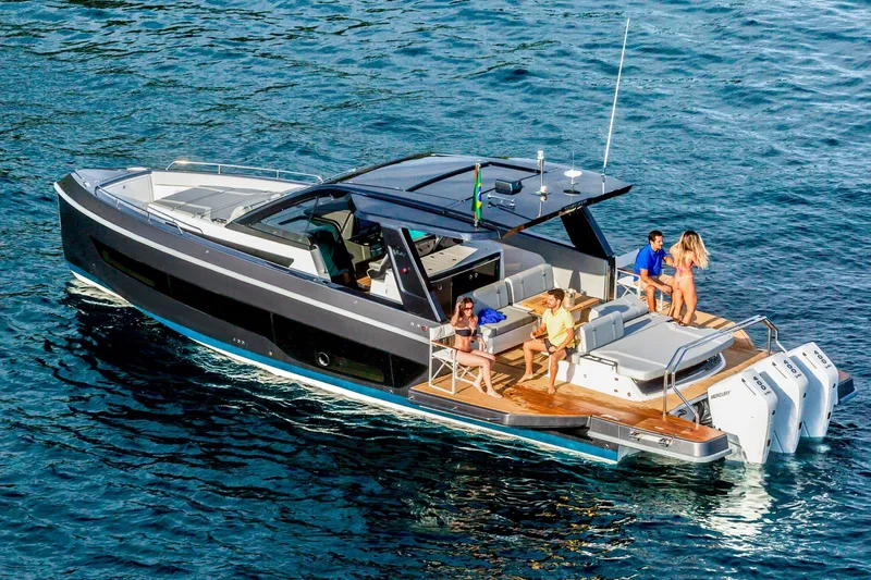  Yacht Photos Pics Luxury Schaefer V44 yacht 2025 cruising with passengers on a sunny day.