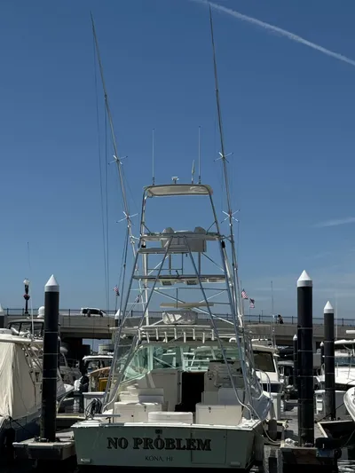 No Problem Yacht Photos Pics 1998 Cabo 35 Express boat docked at marina under clear blue sky.