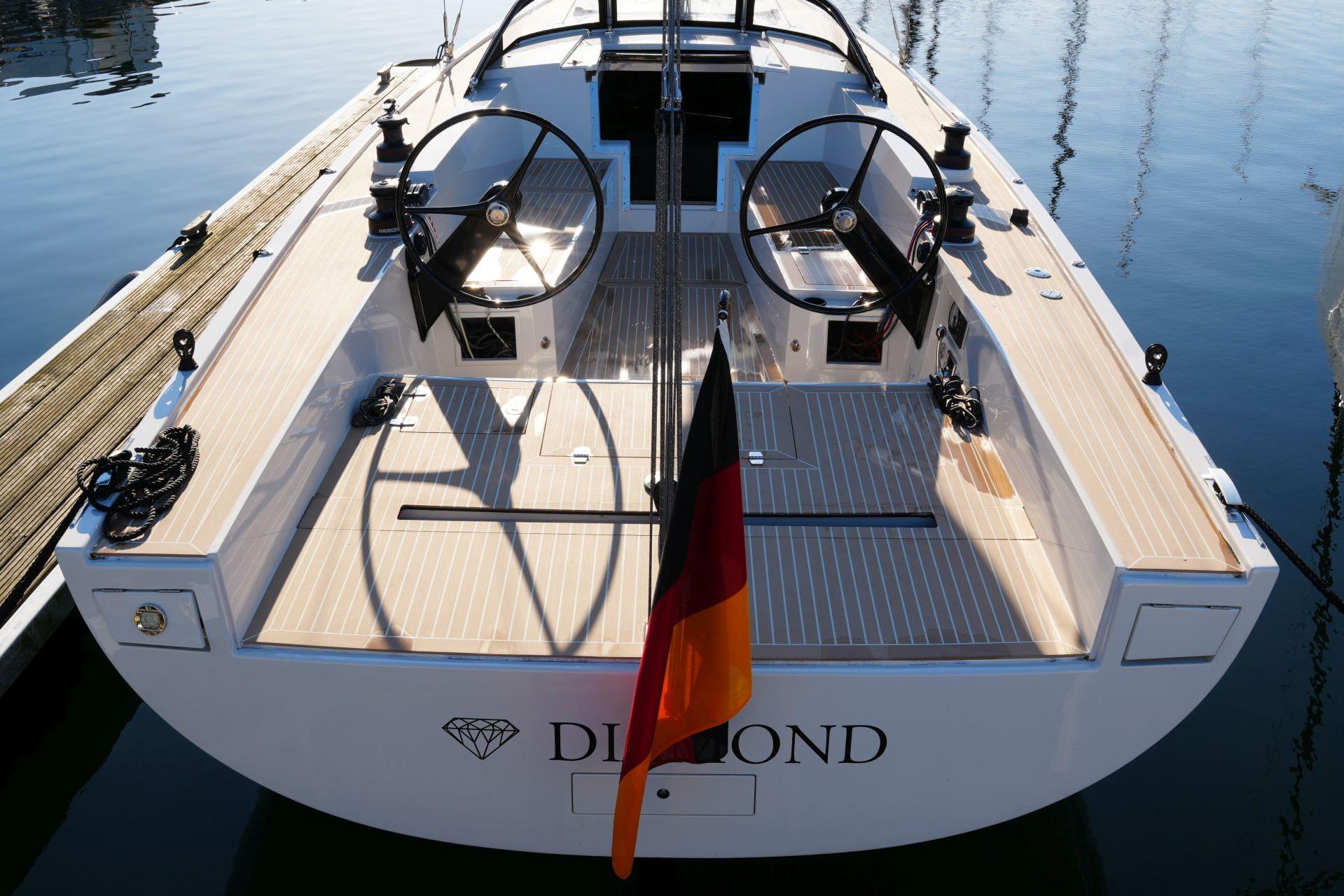 2023 Saffier SE 33 Life yacht with dual steering wheels, docked at a marina.