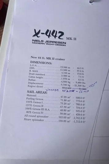 Sv Magi Yacht Photos Pics X-Yachts 442 MK II specifications sheet with dimensions and sail areas, year 2000 model.