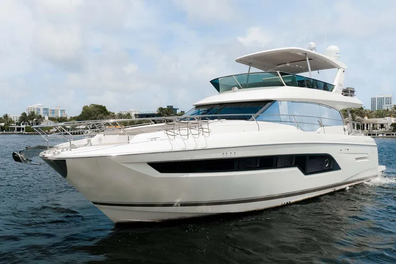 No Rush Yacht Photos Pics Luxurious 2018 Prestige 630 yacht cruising on a sunny day.