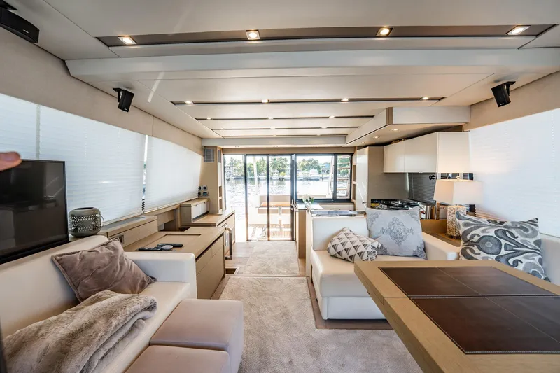 No Rush Yacht Photos Pics Luxurious interior of 2018 Prestige 630 yacht with modern furnishings and panoramic windows.