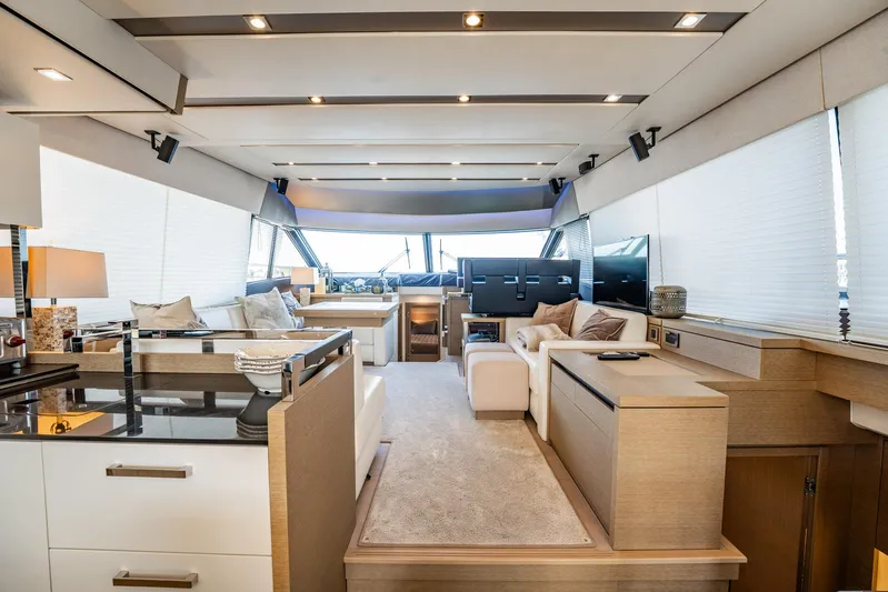 No Rush Yacht Photos Pics Luxurious interior of 2018 Prestige 630 yacht with modern furnishings and elegant design.