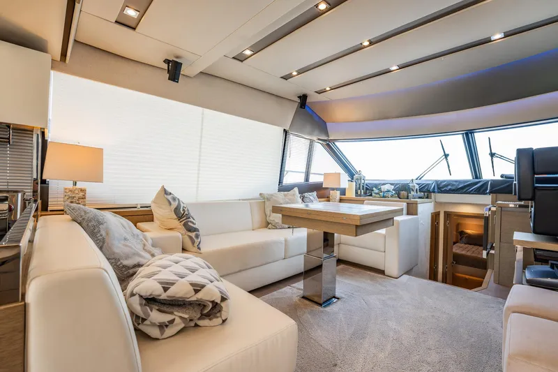 No Rush Yacht Photos Pics Luxurious interior of 2018 Prestige 630 yacht with modern furnishings and elegant design.