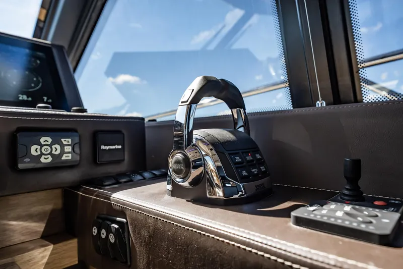 No Rush Yacht Photos Pics Control panel of a 2018 Prestige 630 yacht with navigation equipment.