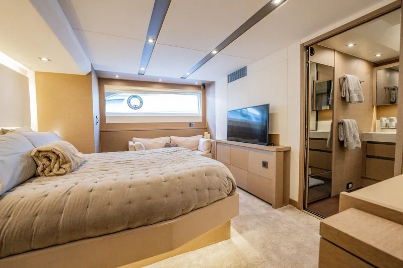 No Rush Yacht Photos Pics Luxurious interior of 2018 Prestige 630 yacht with cozy bedroom and modern ensuite bathroom.