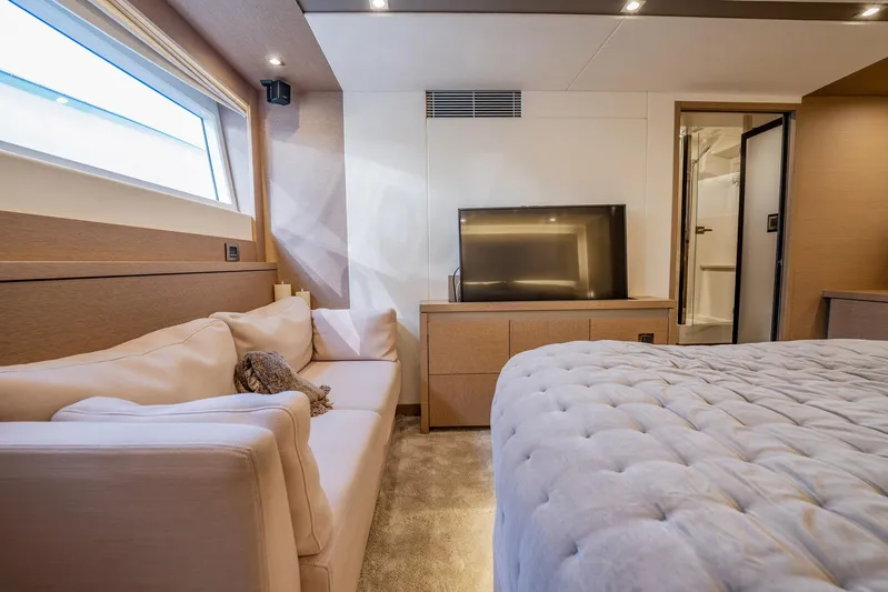 No Rush Yacht Photos Pics Luxurious interior of 2018 Prestige 630 yacht with cozy seating and modern amenities.