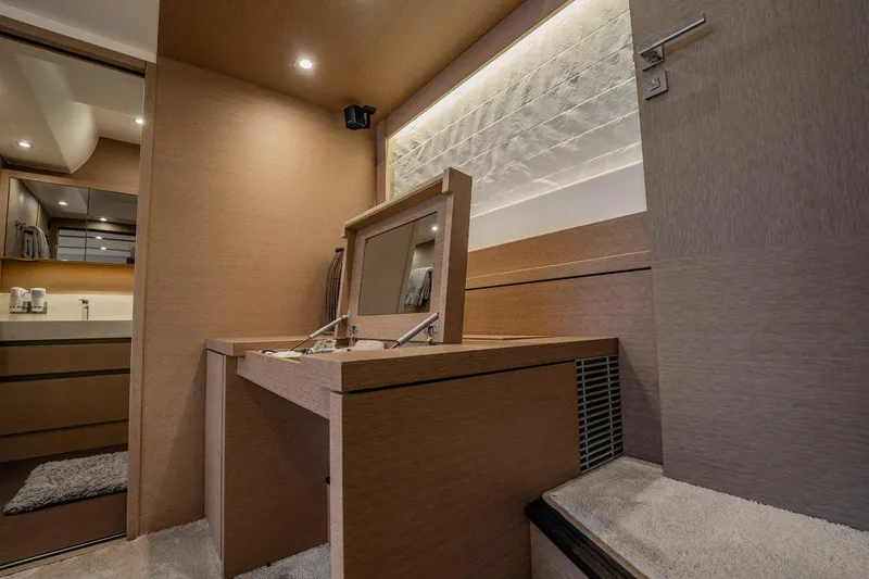 No Rush Yacht Photos Pics Luxurious interior of 2018 Prestige 630 yacht with modern vanity and elegant lighting.