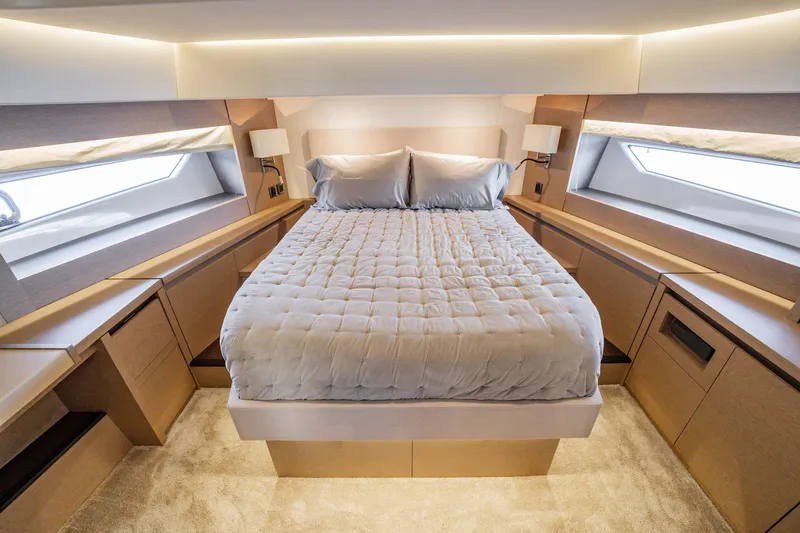 No Rush Yacht Photos Pics Luxurious bedroom interior of 2018 Prestige 630 yacht with modern design and elegant bedding.