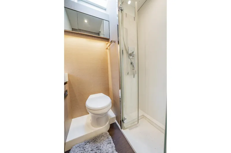 No Rush Yacht Photos Pics Compact bathroom with shower and toilet in 2018 Prestige 630 yacht.