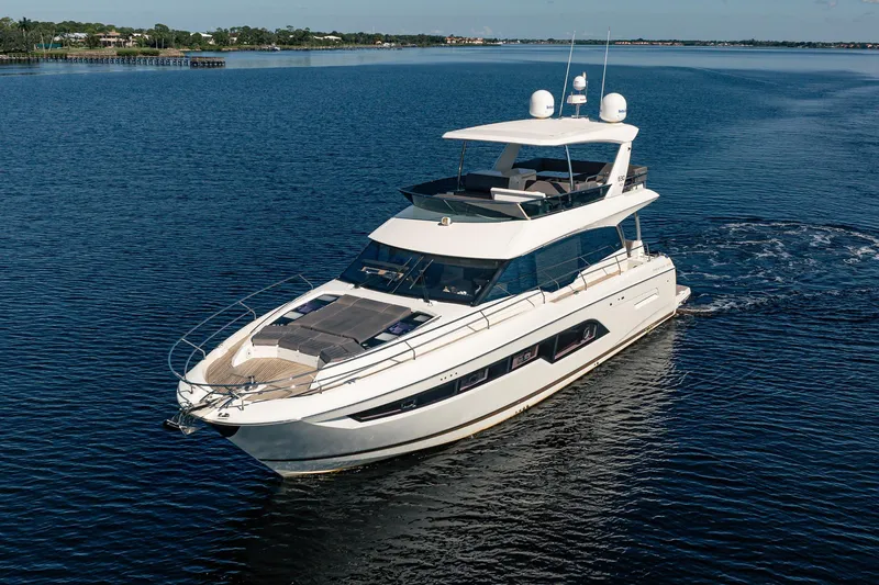 No Rush Yacht Photos Pics 2018 Prestige 630 yacht cruising on calm blue waters.