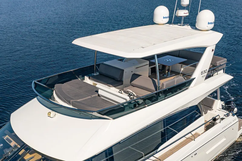 No Rush Yacht Photos Pics Luxurious 2018 Prestige 630 yacht with spacious deck and modern design on open water.