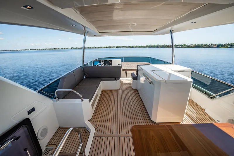 No Rush Yacht Photos Pics Luxurious 2018 Prestige 630 yacht deck with seating and ocean view.