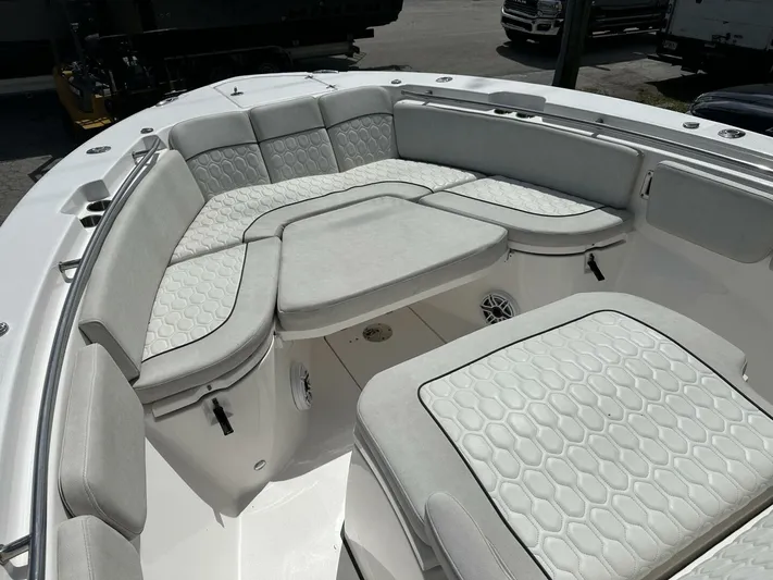  Yacht Photos Pics 2022 Sea Fox 288 Commander boat with spacious, cushioned seating area.